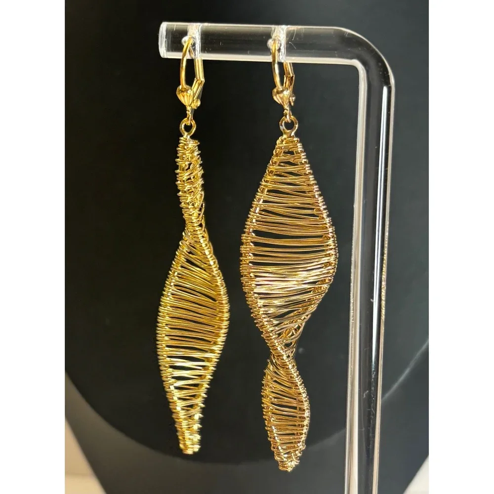 Wire Wrapped Spiral Drop Earrings Lever Back Gold Tone Statement Dangle 3.25